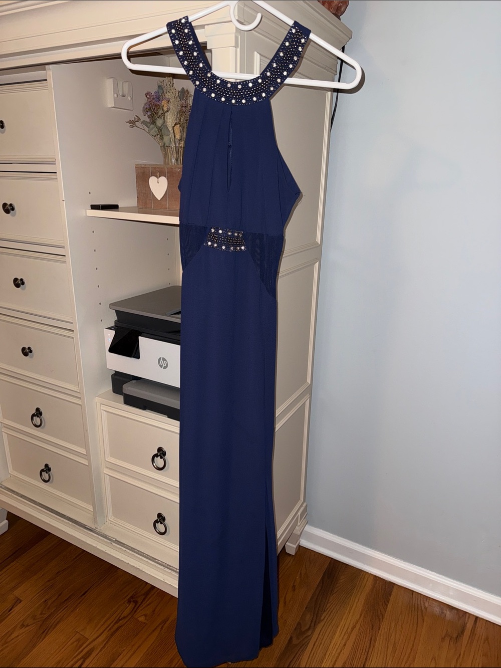 Embellished Navy Halter Evening Gown